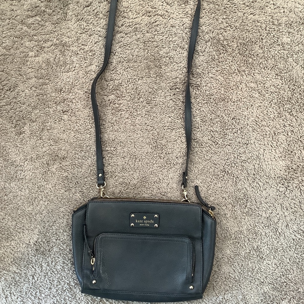 Kate Spade Grey Leather Crossbody Purse with Gold Detail